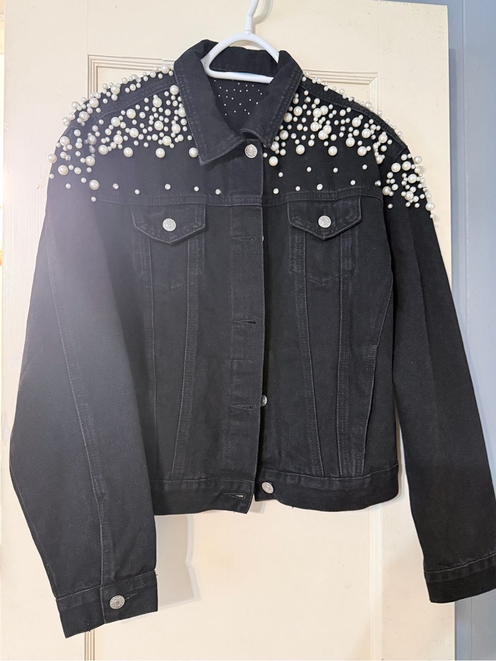 Black Pearl-Embellished Denim Jacket - Women's